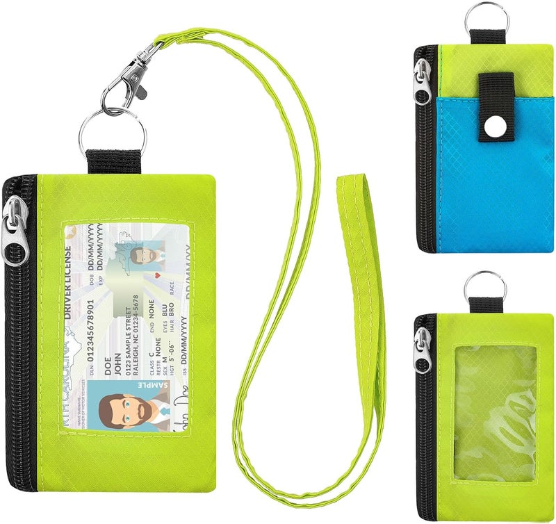 ZHOMA Minimalist RFID Wallet with Lanyard, Multi-Functional ID Case with 2 Zipper Pockets and Key Chain for Men and Women, Tactical Badge Pouch Cards Holder, Coin Purse for Travel Sports-BU+GN - Image 1